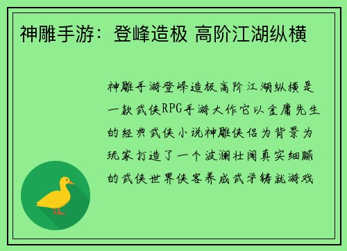 神雕手游：登峰造极 高阶江湖纵横